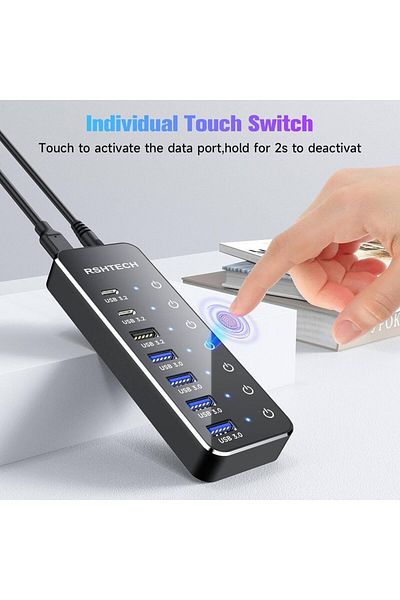 Choice محول قابس AU من RSHTECH مزود بمحول USB C مزود بالطاقة بـ 7 منافذ مع منفذ USB-C 3.2 بسرعة 10 جيجابت في الثانية ومفتاح لمس فردي