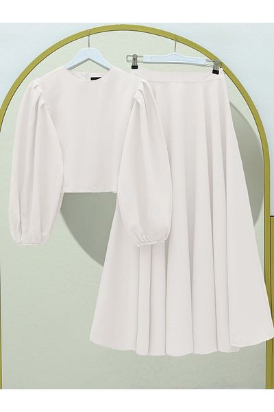Modamorfo Balloon Sleeve Crepe blúz szoknya szett -fehér
