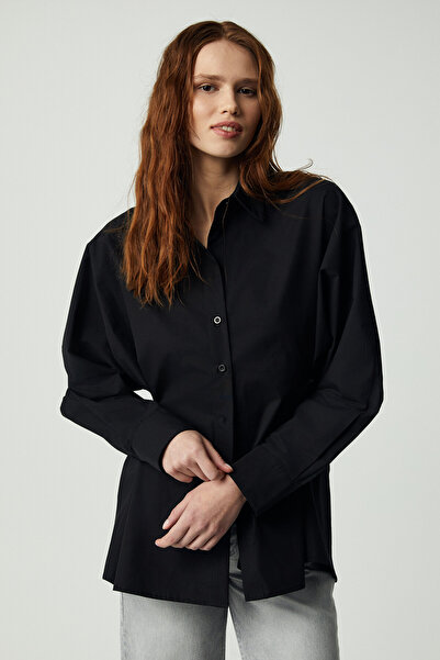 ETHIQUET Modest Erına Women's Relaxed Buttoned Waist Adjustment Long Sleeve Black Shirt
