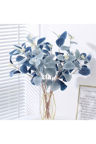 Choice Dark And Light Blue 6pcs Faux Eucalyptus Stems- Blue Artificial Greenery Spray With Silver Dollar Se