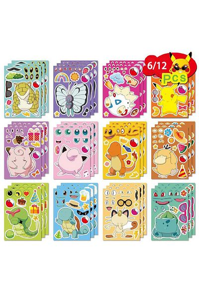 Choice 12pcs 6/12sheets Pokemon Children Puzzle Anime Stickers Make-a-face Assemble Funny Cartoon Decal Ass