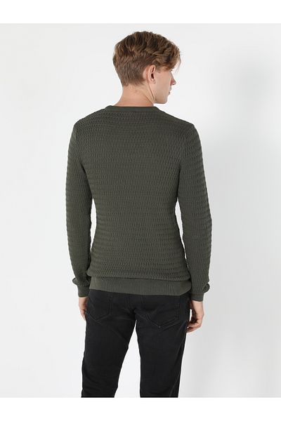 Colin's Мъжки зелен пуловер Slim Fit с обло деколте