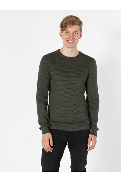 Colin's Мъжки зелен пуловер Slim Fit с обло деколте