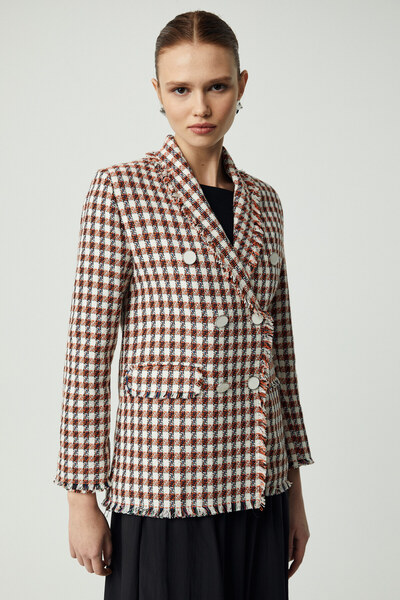 ETHIQUET Croscos Women's Jacket Collar Long Sleeve Button Detailed Tweed Orange Jacket