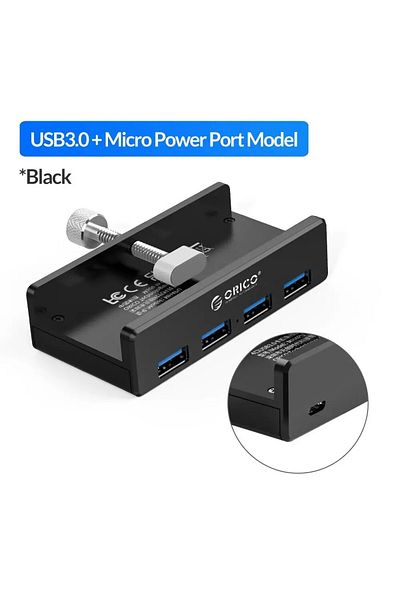 Orico موزع نقل بيانات USB 3.0 Power Mh4pu أسود بسرعة 5 جيجابت في الثانية من الألومنيوم مزود بـ 4 منافذ USB 3.0 مع مشبك