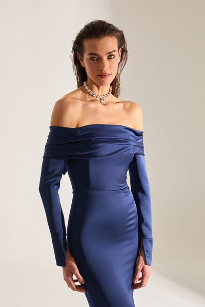 BETTY & SAM Clara Off-Shoulder Dark Blue Fish Skirt Dress