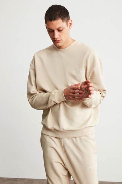 GRIMELANGE Raırok Beige Oversize Sweatshirt - Comfort Design with Fleece and Embroidery