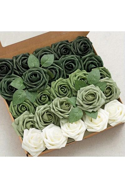 Choice Shades Green Artificial Flowers 25pcs Real Looking Forest Green Ombre Colors Foam Fake Roses With St