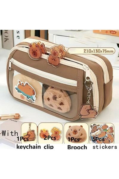 Choice G Large Capacity Pencil Bag Capybara Cartoon Stationery Holder Bag With Brooches Stickers Clips Key.