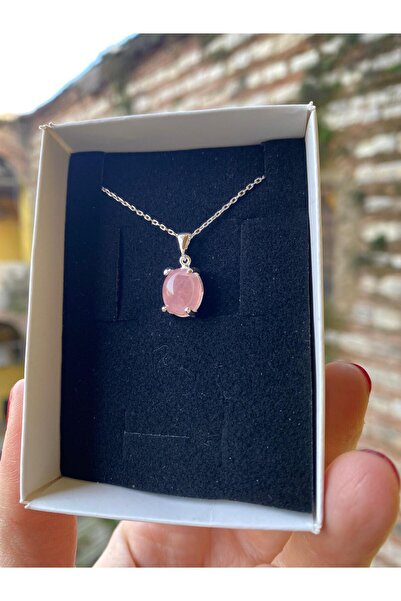 By Atölye Doğaltaş Pembe Kuvars Taşlı Yuvarlak Gümüş Kolye