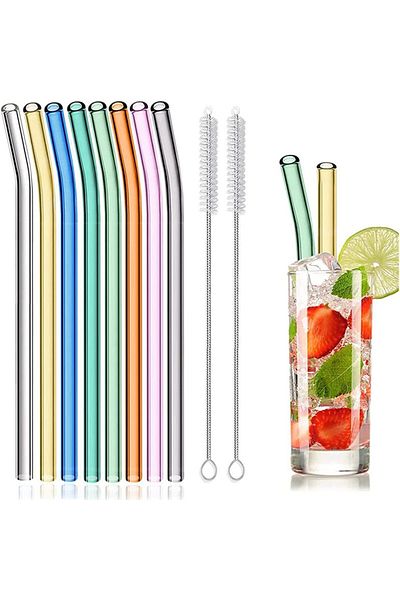 Choice 8-مصاصات زجاجية قابلة لإعادة الاستخدام من بينت ميكس صديقة للبيئة لشرب العصائر والميلك شيك والشاي والعصير