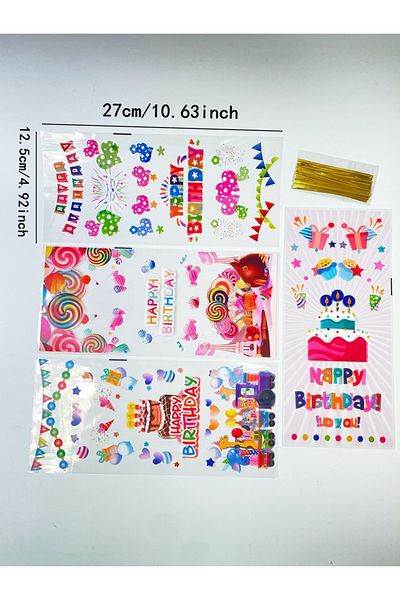 Choice 12.5x27cm Other Multi 50pcs Happy Birthday Pattern Multi-color Printed Flat Mouth Gift Bag, Cute Bir