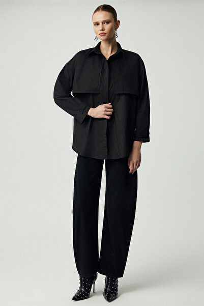 ETHIQUET Modest Vuallen Women's Relaxed Shirt Lapel Button up Long Sleeve Poplin Trench Black Shirt