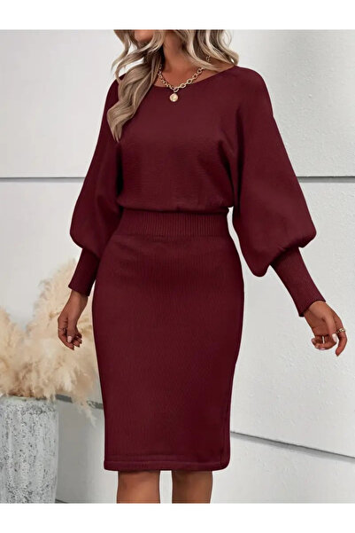 Kokosh moda Kadın Uzun Yarasa Kollu Yakası Açık Belden Oturtmalı Kısa Triko Elbise