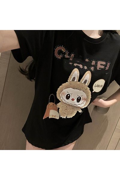 Choice One-size-fits-all Black Large Hot Diamond New Labubu T-shirt Lazy Wind Short Sleeve Cartoon Cute Cre