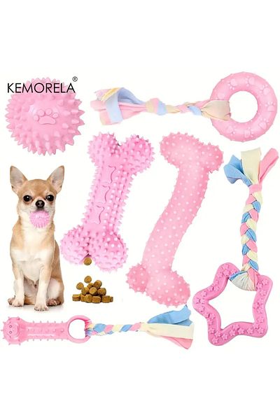 Choice Pink 6 Pcs Dog Chew Toys For Cleaning Teeth Soft Rubber Bone Funny Ball Interactive Donut Treat Set