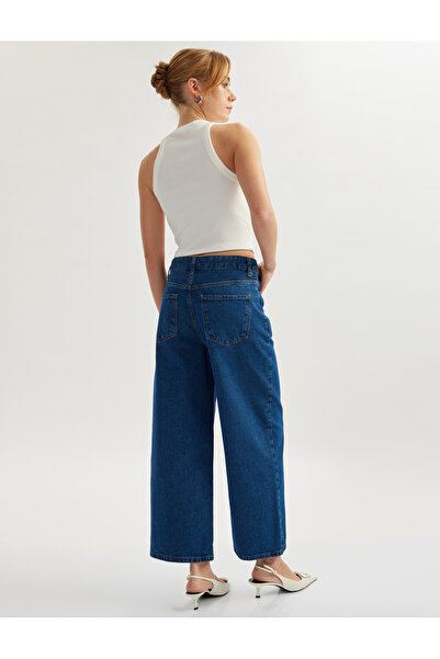 Koton Yüksek Bel Düğmeli Cepli Kısa Geniş Paça Denim Pantolon - Crop Wide Leg Jeans