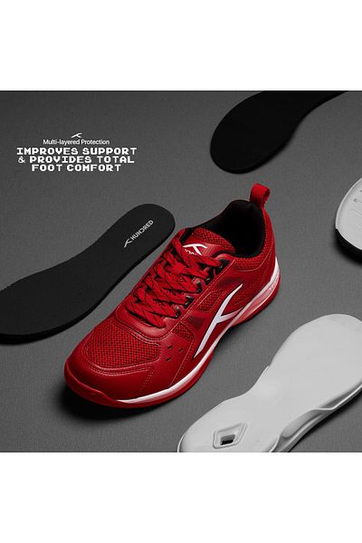 Hundred Raze Non-marking Badminton Shoes For Men | Red/black/white, Uk 8/us 9/eu 42 | Polyester, Rubber
