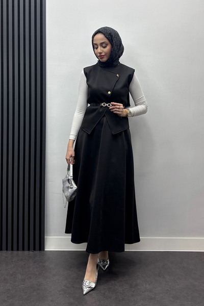 Tesettür Diyarı Kadın Scuba Kumaş Kemer Detaylı Yelekli Takım