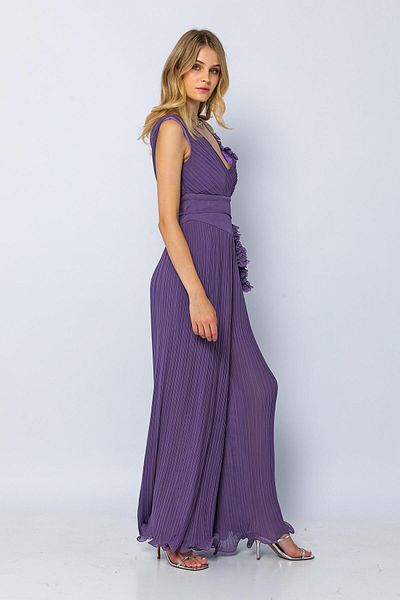 Green & Country Lilac One Shoulder Pleated Chiffon Jumpsuit - Thin Strap and Floral Detail