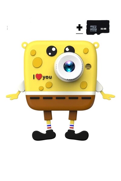 AteşTech Sünger Bob Tasarımlı 32 GB Hafıza Kartlı Yeni Nesil Çocuk Dijital Mini Fotoğraf Makinesi Çift Kamera
