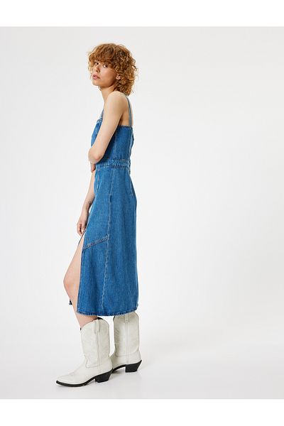 Koton Strappy Midi Τζιν Φόρεμα - Τετράγωνος γιακάς σε γραμμή Α με σκίσιμο και φερμουάρ