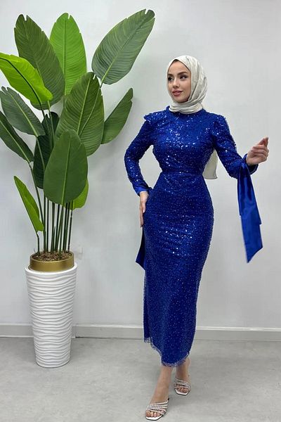 Tesettür Diyarı Βραδινό φόρεμα Hijab με λεπτομέρεια κορδέλα στον αστράγαλο - Navy Blue