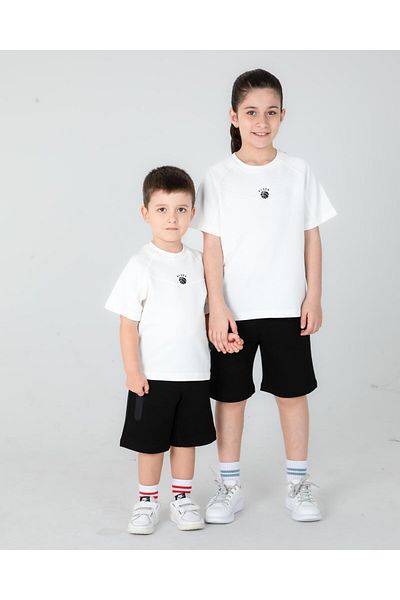 Black One طقم تي شيرت صيفي للفتيات/الأولاد مكون من قطعتين مع تفاصيل جيب مطبوعة