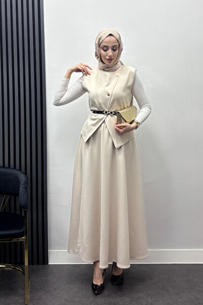 Tesettür Diyarı Kadın Scuba Kumaş Kemer Detaylı Yelekli Takım