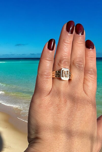 shesra Zirkon Taşlı M Harf Ayarlanabilir Çelik Yüzük