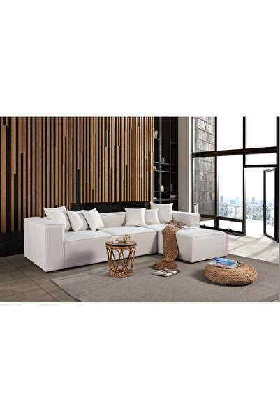 DREAM GARDEN Angelo 4 Modül Kırık Beyaz Keten Köşe Koltuk Takımı 2 Puf