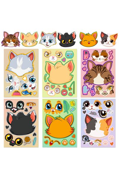 Choice 6pcs cartoon cat head face changing puzzle sticker cartoon animal Make a face toy face changing s...