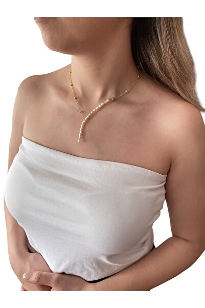 By Saadet Özkanlı Kadın Gerçek Inci Kolye Gold Zincir Detaylı , Y Inci Kolye, Doğal Tatlısu Incisi, 3 - 4 Mm