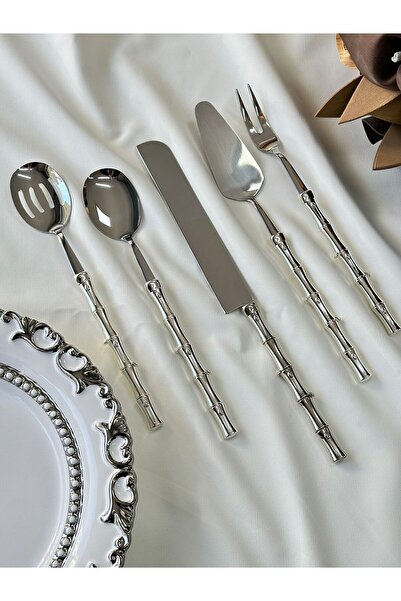 MD MİMOZA DEKOR Bambu Saplı Gümüş Servis Kaşık Seti 5 Parça