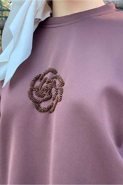 Moda Rosa 25K4445 - Brown - Flower Stone Embroidered Scuba Sweat