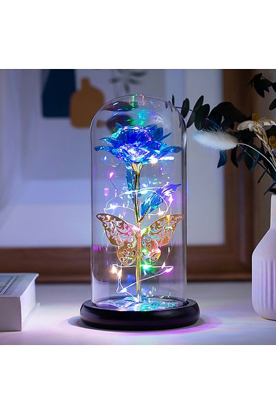 Choice Blue Rose Light Artificial Galaxy Rose Lamp With Butterfly And Colorful Led Rose Flowers In Glass Ba