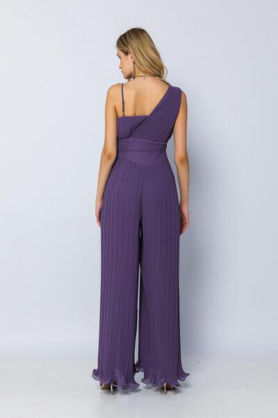 Green & Country Tek Omuz İnce Askı ve Çiçek Detaylı Piliseli Şifon Uzun Tulum Lila