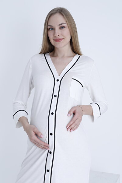 Miss Dünya Lissa Pregnant and Maternity Knitted Nightgown with Front Button and Stripe Detail