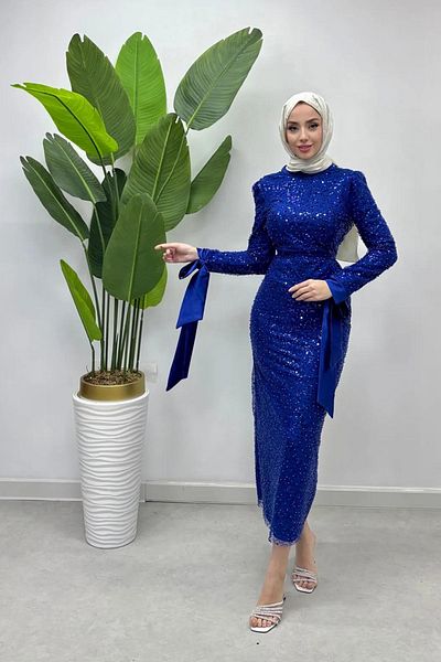 Tesettür Diyarı Βραδινό φόρεμα Hijab με λεπτομέρεια κορδέλα στον αστράγαλο - Navy Blue