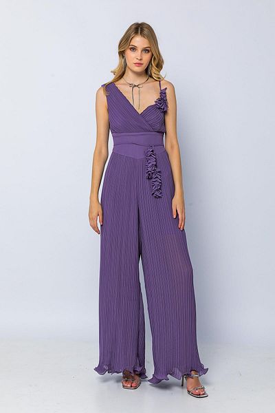 Green & Country Lilac One Shoulder Pleated Chiffon Jumpsuit - Thin Strap and Floral Detail
