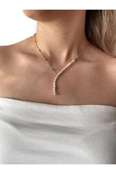 By Saadet Özkanlı Kadın Gerçek Inci Kolye Gold Zincir Detaylı , Y Inci Kolye, Doğal Tatlısu Incisi, 3 - 4 Mm