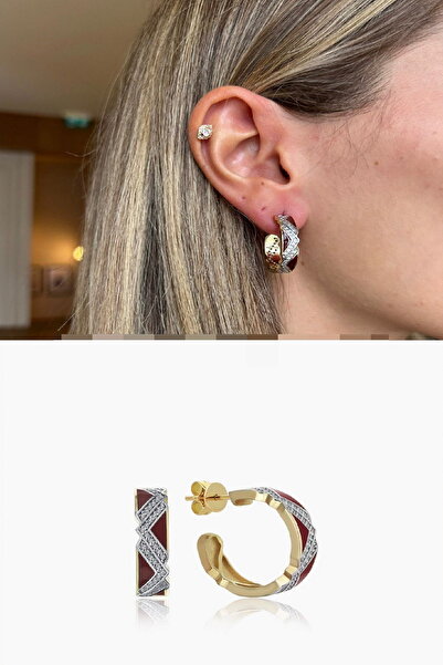 DEMOKAN Kadın Küpe Özel Seri Yarım Halka Bordo Detay Kararmaz Küpe