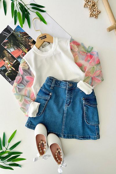 Minigimin Cicileri Set 2 piese pentru fete cu detalii colorate din tul și fustă cu buzunare din denim - Micul meu
