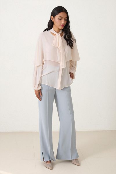 Setre Cream Halter Cape and Stone Detailed Long Sleeve Relaxed Fit Blouse