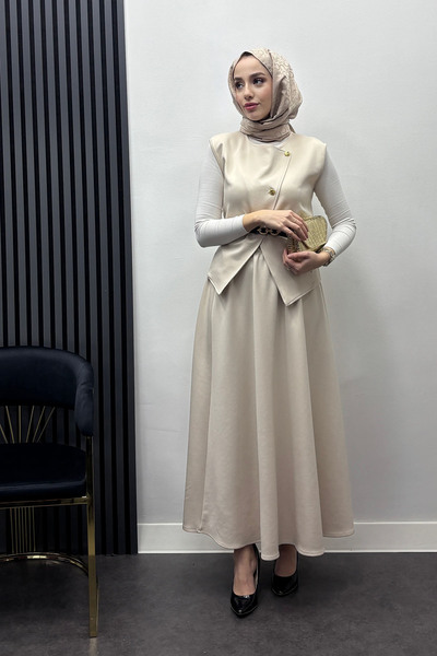 Tesettür Diyarı Kadın Scuba Kumaş Kemer Detaylı Yelekli Takım