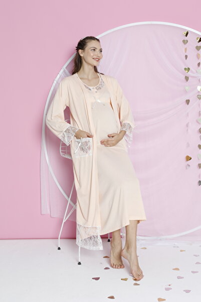 JENİKA Colorful White Lace - Short Sleeve Ribbon Dressing Gown 2-piece Maternity Nightgown Set