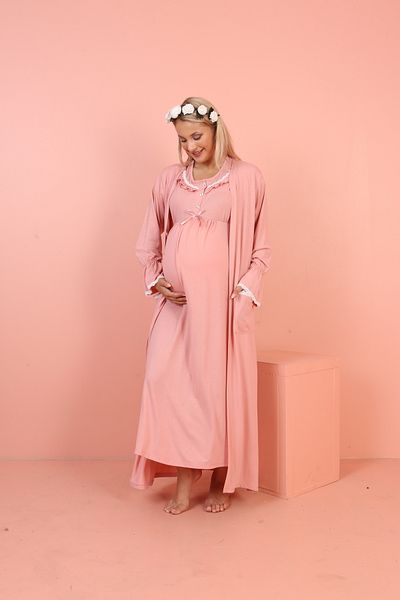 JENİKA Salmon Color Ruffle Lace Detailed 2-Piece Maternity Nightgown Set