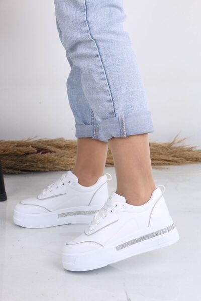 sefayol Asante Beyaz Mat Deri Taşlı Bağcıklı Kadın Spor Ayakkabı