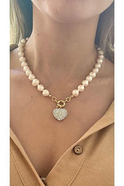 By Saadet Özkanlı Kadın Zirkon Detaylı Kalp Inci Kolye( Gerçek Inci Tatlısu I...