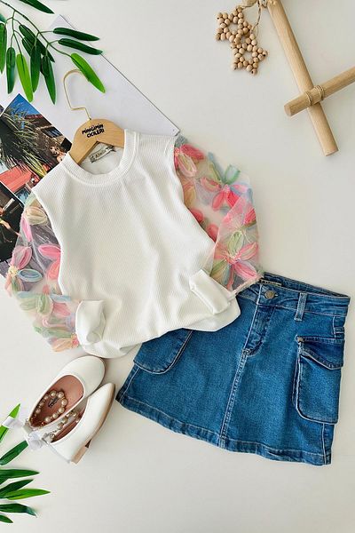 Minigimin Cicileri Set 2 piese pentru fete cu detalii colorate din tul și fustă cu buzunare din denim - Micul meu
